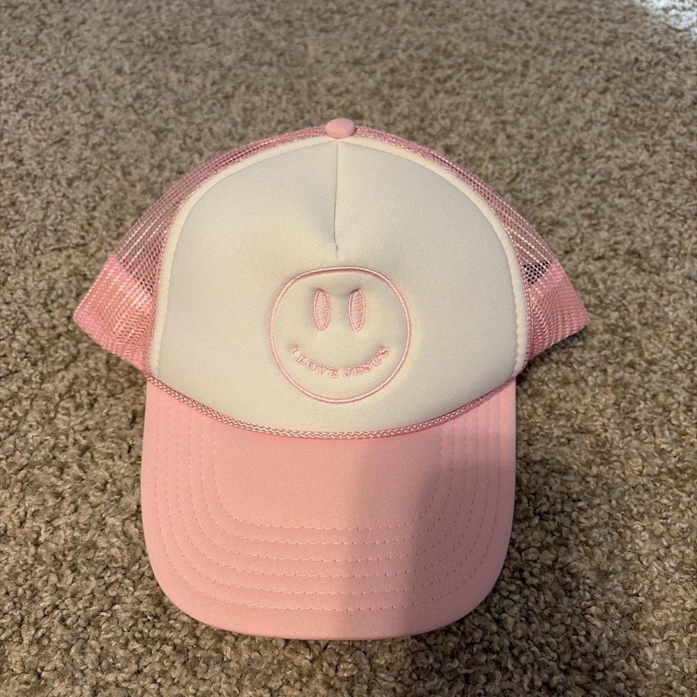 Pink and White “I love Jesus” Smiley Trucker Hat